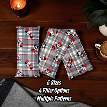 Cherry Pit Crafts grey plaid heating pad with Mickey & Minnie Mouse pattern, 100% cotton
