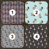 Cherry Pit Crafts microwaveable heating pad fabric patterns: plaid with Mickey & Minnie, light blue with Mickey, grey with Mickey, dark grey with rainbow Minnie.