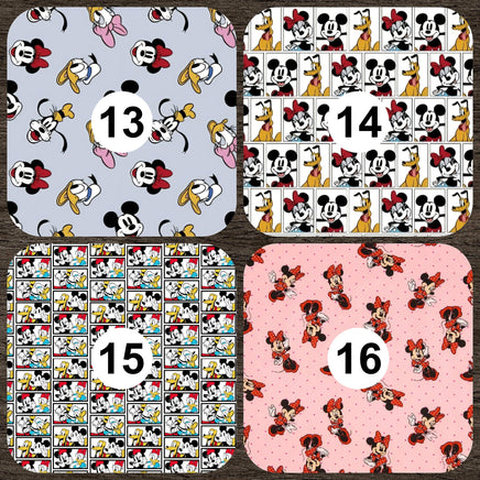 Cherry Pit Crafts Mickey & Minnie Mouse patterns on microwaveable heating pads. Cotton fabric with playful character designs.