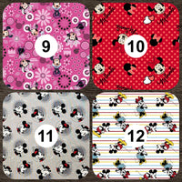 Cherry Pit Crafts microwaveable heating pad fabric swatches with Mickey & Minnie Mouse patterns. Options include pink floral, red polka dot, grey Mickey, and striped Minnie.
