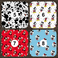 Cherry Pit Crafts Mickey & Minnie Mouse patterns on cotton heating pads. Options include black & white, red, and blue.
