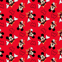 Cherry Pit Crafts red cotton heating pad with Mickey and Minnie Mouse pattern and yellow stars.