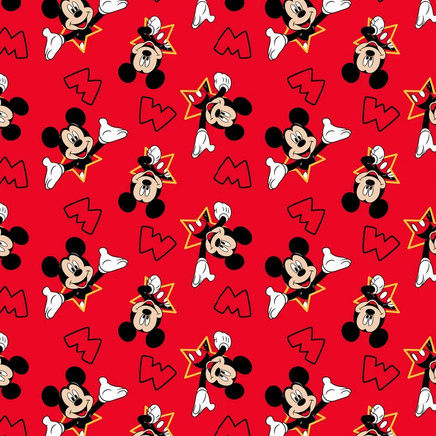 Cherry Pit Crafts red cotton heating pad with Mickey and Minnie Mouse pattern and yellow stars.