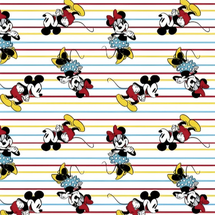 Cherry Pit Crafts Mickey and Minnie Mouse pattern on a white background with red, blue, and yellow stripes.