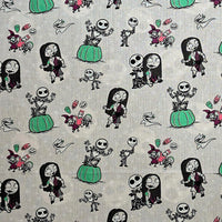 Cherry Pit Crafts Nightmare Before Christmas fabric with Jack Skellington, Sally, and pumpkins. 100% cotton.