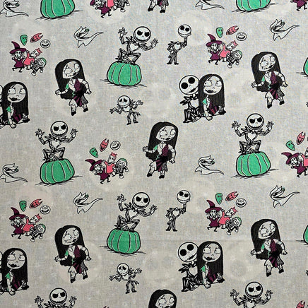 Cherry Pit Crafts Nightmare Before Christmas fabric with Jack Skellington, Sally, and pumpkins. 100% cotton.
