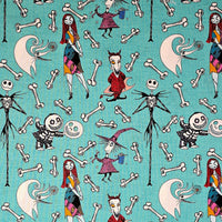 Cherry Pit Crafts Nightmare Before Christmas heating pad fabric with Jack Skellington, Sally, Zero, Oogie Boogie, and bones on teal background.