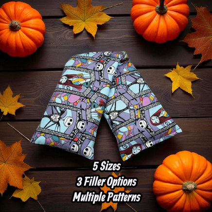 Cherry Pit Crafts Nightmare Before Christmas heating pad with Jack Skellington and Sally pattern, 100% cotton.