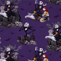 Cherry Pit Crafts Nightmare Before Christmas heating pad fabric with Jack Skellington, Sally, Zero, and bats on purple background.