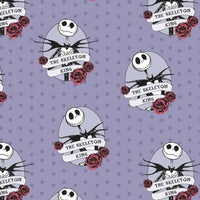 Cherry Pit Crafts Nightmare Before Christmas heating pad fabric with Jack Skellington and roses on purple polka dot background.
