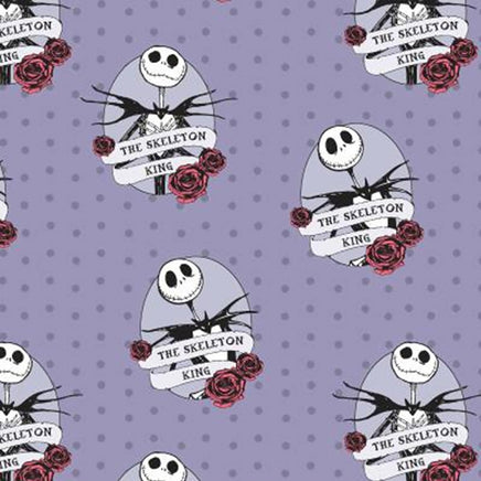 Cherry Pit Crafts Nightmare Before Christmas heating pad fabric with Jack Skellington and roses on purple polka dot background.