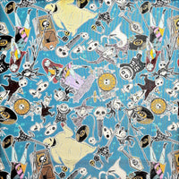 Cherry Pit Crafts Nightmare Before Christmas heating pad fabric with Jack Skellington, Sally, Oogie Boogie, and musical notes on blue.
