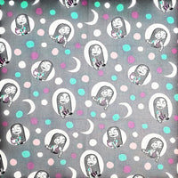 Cherry Pit Crafts Nightmare Before Christmas fabric with Sally, moons, and polka dots in grey, teal, pink, and white.