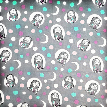 Cherry Pit Crafts Nightmare Before Christmas fabric with Sally, moons, and polka dots in grey, teal, pink, and white.