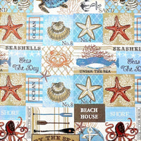 Cherry Pit Crafts 100% cotton heating pad fabric with ocean-themed collage: starfish, shells, whales, crabs, octopuses, anchors, and beach house text.