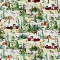 Cherry Pit Crafts outdoor pattern heating pad with cabins, campers, tents, deer, bears, wolves, and foxes.