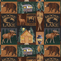 Cherry Pit Crafts outdoor-themed heating pad fabric with bears, moose, cabins, campers, and snowshoes.