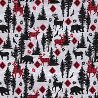 Cherry Pit Crafts microwaveable heating pad fabric with deer, bears, trees, and paw prints in red buffalo plaid and black on white.