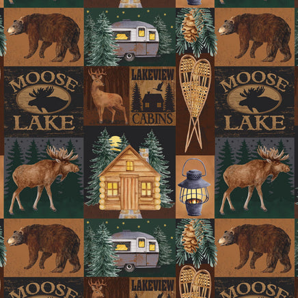 Cherry Pit Crafts outdoor-themed heating pad fabric with bears, moose, cabins, campers, and snowshoes.