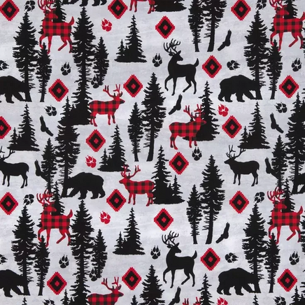 Cherry Pit Crafts microwaveable heating pad fabric with deer, bears, trees, and paw prints in red buffalo plaid and black on white.