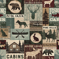 Cherry Pit Crafts outdoor-themed microwaveable heating pad with cabin, deer, bear, and canoe graphics. 100% cotton.