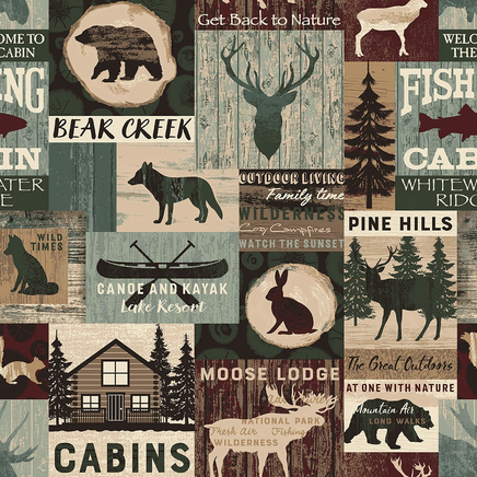Cherry Pit Crafts outdoor-themed microwaveable heating pad with cabin, deer, bear, and canoe graphics. 100% cotton.