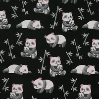 Cherry Pit Crafts black fabric with a cute panda and baby pattern, featuring bamboo stalks.