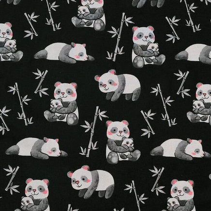 Cherry Pit Crafts black fabric with a cute panda and baby pattern, featuring bamboo stalks.