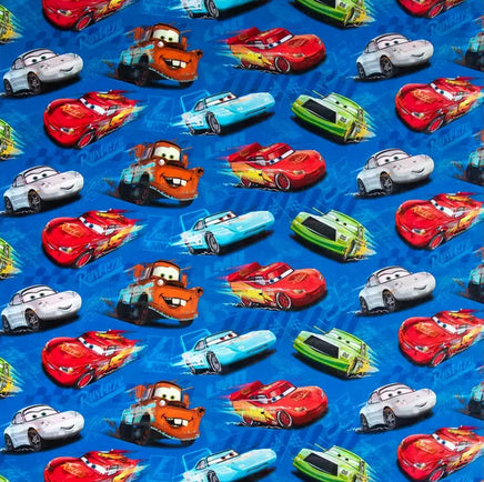 Cherry Pit Crafts Pixar Cars pattern heating pad with Lightning McQueen, Mater, and Sally Carrera on blue background.