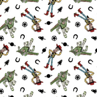 Cherry Pit Crafts Pixar pattern heating pad with Buzz Lightyear and Woody characters, horseshoes, rockets, and stars on white.