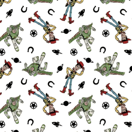 Cherry Pit Crafts Pixar pattern heating pad with Buzz Lightyear and Woody characters, horseshoes, rockets, and stars on white.