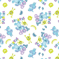 Cherry Pit Crafts Pixar Monsters Inc. pattern heating pad fabric with Mike and Sully characters. Blue, purple, and green.
