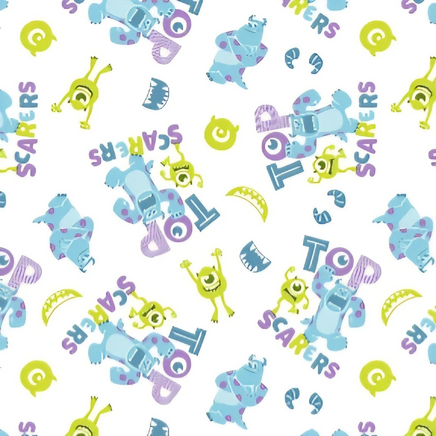 Cherry Pit Crafts Pixar Monsters Inc. pattern heating pad fabric with Mike and Sully characters. Blue, purple, and green.
