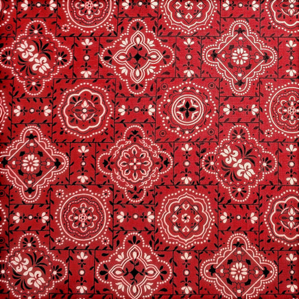 Cherry Pit Crafts red bandana print 100% cotton heating pad. Features intricate white and black paisley-inspired motifs.