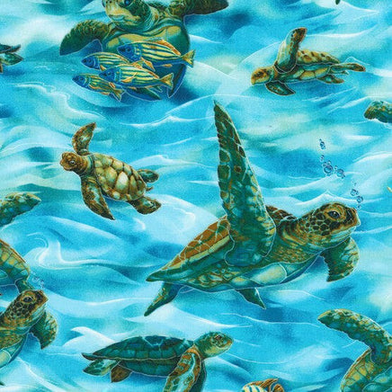 Cherry Pit Crafts microwaveable heating pad fabric with sea turtles and fish swimming in blue water.