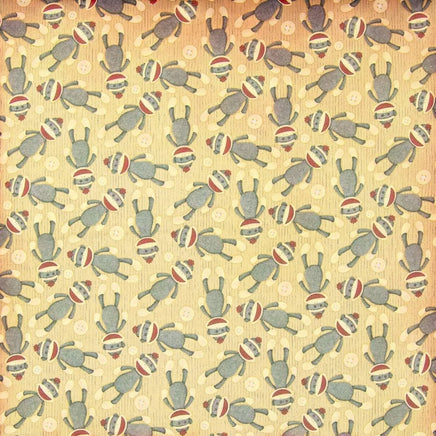 Cherry Pit Crafts grey sock monkey pattern heating pad with red and white striped hats and buttons on a yellow background.