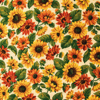Cherry Pit Crafts microwaveable heating pad fabric with a sunflower pattern in yellow, orange, and green.