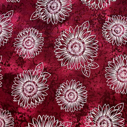 Cherry Pit Crafts microwaveable heating pad fabric with white sunflowers on a deep red textured background.
