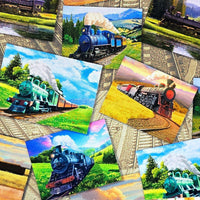 Cherry Pit Crafts microwaveable heating pad fabric with vintage train patterns in green, blue, and red.