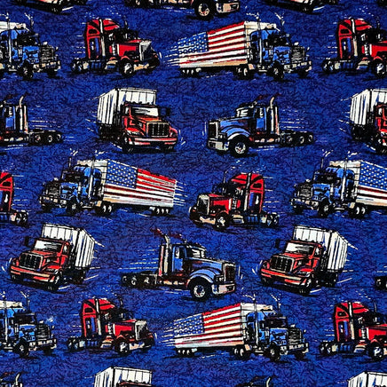 Cherry Pit Crafts blue cotton heating pad fabric with vintage red and blue trucks and American flags.