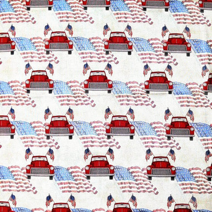 Cherry Pit Crafts red vintage car with American flags pattern on a cream background. 100% cotton.