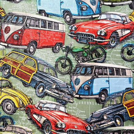 Cherry Pit Crafts vintage cars, trains, and planes heating pad. 100% cotton fabric with a collage of colorful retro vehicles.