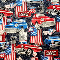 Cherry Pit Crafts vintage cars, trains, and planes 100% cotton fabric with American flag and Route 66 details.