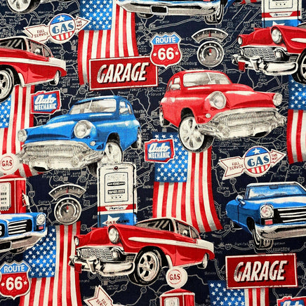 Cherry Pit Crafts vintage cars, trains, and planes 100% cotton fabric with American flag and Route 66 details.