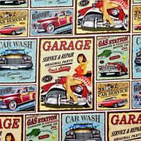 Cherry Pit Crafts vintage cars, trains, and planes 100% cotton fabric. Features retro garage, gas station, and car wash signs with pin-up girls.