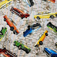 Cherry Pit Crafts vintage cars fabric pattern with red, orange, yellow, green, and blue cars on a map background.