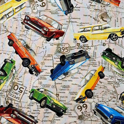 Cherry Pit Crafts vintage cars fabric pattern with red, orange, yellow, green, and blue cars on a map background.