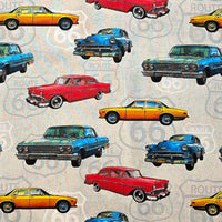 Cherry Pit Crafts vintage cars, trains, and planes 100% cotton fabric. Features classic American cars in red, blue, and yellow on a Route 66 background.