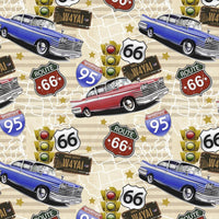 Cherry Pit Crafts vintage cars, trains, and planes pattern on a beige background with Route 66 signs and traffic lights.