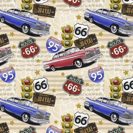 Cherry Pit Crafts vintage cars, trains, and planes pattern on a beige background with Route 66 signs and traffic lights.
